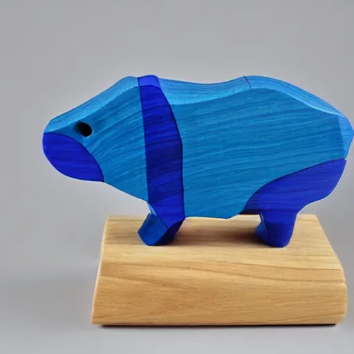 Image similar to a beautiful!!!!! minimalist curvy shaped small sculpture of hippopotamus!!!, ( ( wood ) ) and ( ( blue epoxy ) ), cubic blocks mix stripes cuts, side view profile centered