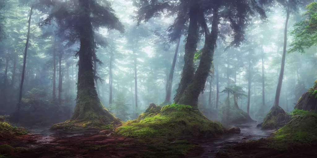 Image similar to A highly detailed matte oil painting of a forest by Mokoto Shinkai, hyperrealistic, breathtaking, beautiful composition, by Artgerm, by beeple, by Studio Ghibli, cinematic lighting, octane render, 4K resolution, trending on artstation