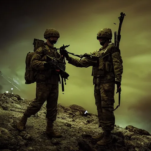 Image similar to soldier and angel met at night time, filmic, dramatic, night vision, wide angle, vignette, only green color, 4 k, 8 k, sad, devil, cinematic lighting, insanely detailed and intricate, hypermaximalist, elegant, ornate, hyper realistic, super detailed