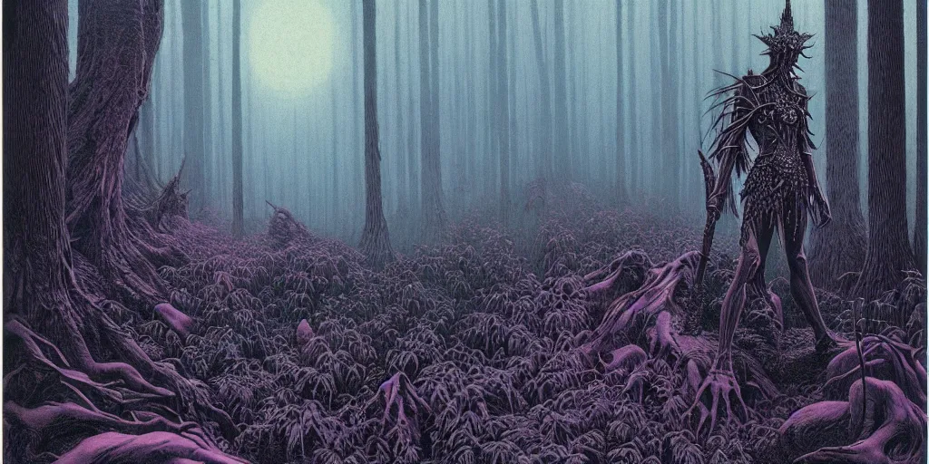 Image similar to grainy risograph matte painting of dark bejeweled huge botanical macabre paladin, atmospheric, densed foggy forest, omnious, epic composition, by moebius, hyperrealism, intricate detailed