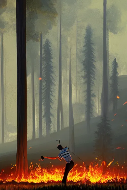 Prompt: close-up of an athletic golf player on a stunning landscape lush golf course, magical lights, golden hour, surrounded by burning forests, smoke from the fire, digital painting, 4k, forest ray light, particles light, by sasha kalinkin, Noah Bradley, ilya kuvshinov