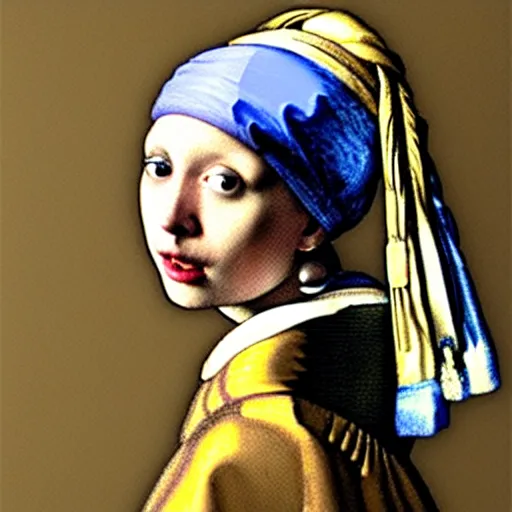 Image similar to Girl with Pearl Earring, painting by Johannes Vermeerstarry badly edited with photoshop