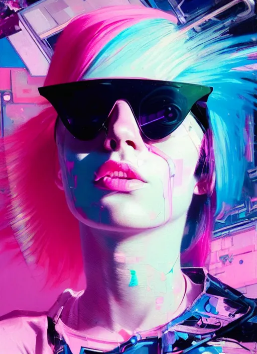 Prompt: an angelic hacker with pink hair in vast cyberspace glitching through a sunshaft, wearing sunglasses, futuristic clothes, vibrant colors, glitchy, rule of thirds, spotlight, drips of paint, expressive, passionate, by greg rutkowski, by jeremy mann, by francoise nielly, by van gogh, digital painting