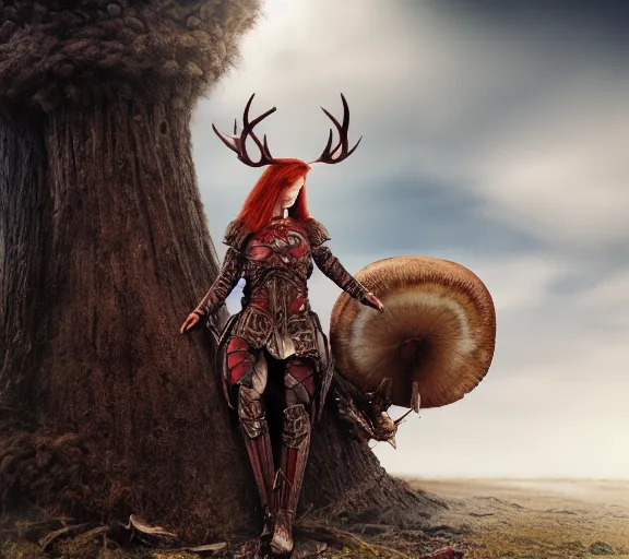 Image similar to a photo of an armored woman warrior redhead with antlers sitting on a giant mushroom that covers a whole village and reaches above the clouds by luis royo. intricate. lifelike. soft light. sony a 7 r iv 5 5 mm. cinematic post - processing