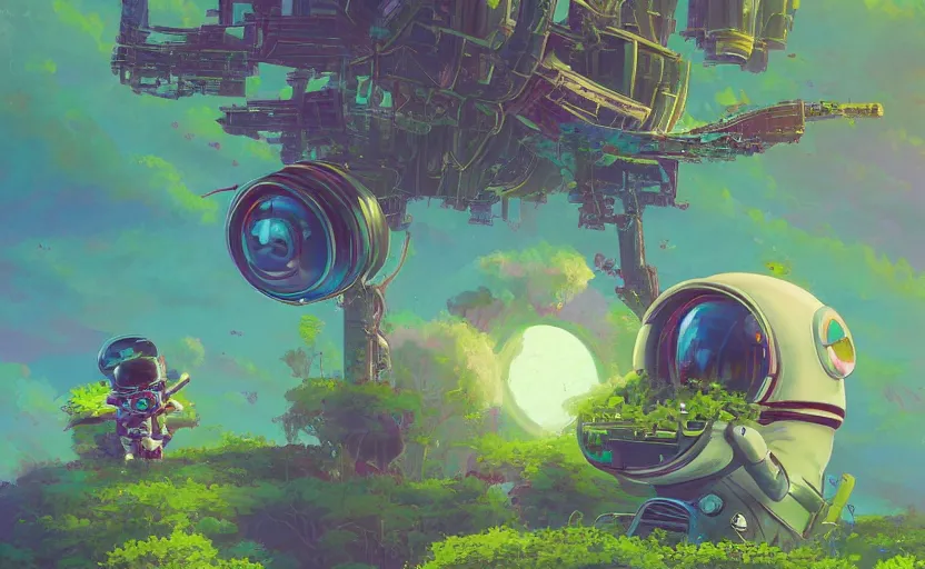 Image similar to a beautiful 8 bit painting of a cute adorable kawaii futuristic vr plastic android astronaut sitting on a lush planet of foliage, the destroyed wreckage of a crashed spaceship, steam, thick colorful smoke, ross tran, ron walotsky, greg rutkowski, trending on artstation