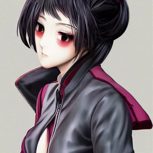 Prompt: portrait of a beautiful! alluring anime woman wearing a 2 0 3 0's stained dirty torn japanese school uniform, gorgeous face, leather bomber jacket, katana scabbard, realistic, hyper detailed, dynamic action poses, concept art, in style of junji ito, hirohiko araki, manga, anime aesthetic