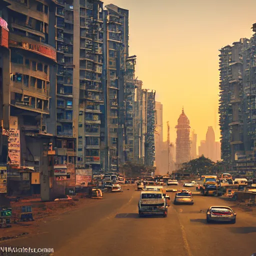 Image similar to mumbai in the year 2 0 7 0, architecture, urban, cinematic, super realisitc, city streets, golden hour