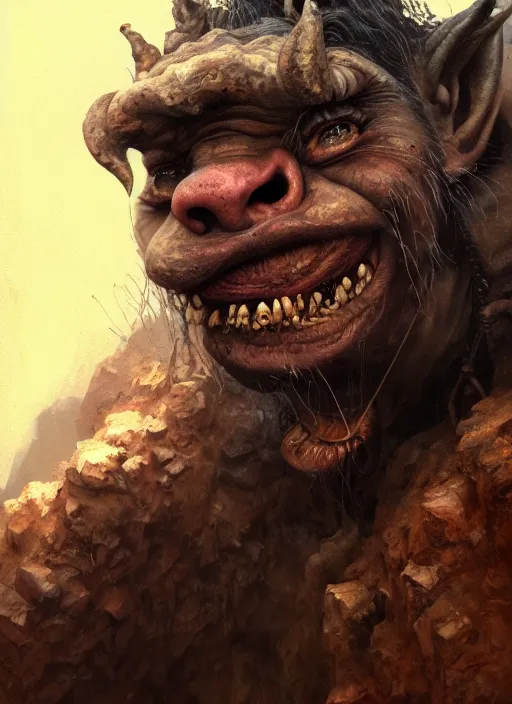 Image similar to close up portrait of a underweight troll in the mountains of hell, oil painting by tomasz jedruszek, cinematic lighting, pen and ink, intricate line, hd, 4 k, million of likes, trending on artstation