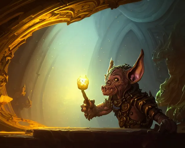 Image similar to a 4 k cinematic screenshot still portrait of a goblin in a dark liminal space room surrounded by gold, deep focus, d & d, fantasy, intricate, elegant, highly detailed, digital painting, art station, concept art, matte, sharp focus, illustration, dark fantasy style art, hearthstone, art by artgerm and greg rutkowski and alphonse mucha