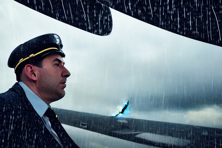 Image similar to an ultra realistic, cinematic, headshot portrait, of an airline pilot, wind, facial features, background of a boeing 7 4 7, with clouds and rain, detailed, deep focus, movie still, dramatic lighting, ray tracing, by michal karcz and yoshitaka amano