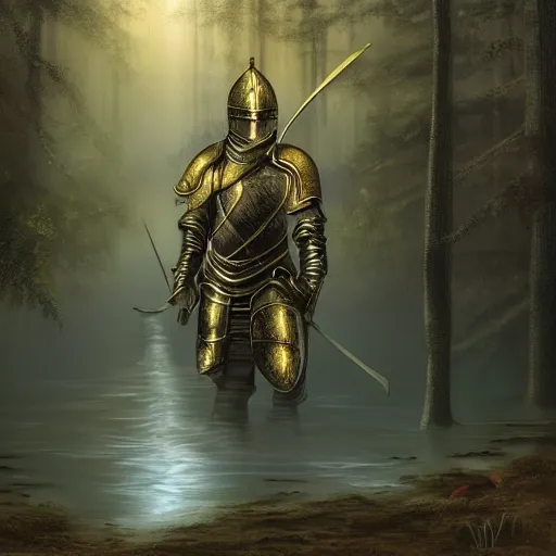 Prompt: highly detailed smooth fantasy artwork medium shot of a knight in golden wet shimmering armour near running water in a dark foggy atmospheric forest