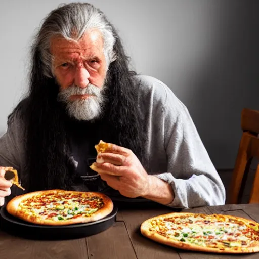 Image similar to a grumpy old danish man with long black hair eating pizza while DMing an AD&D game, D&D, rogue, dark hair, skinny, middle aged, D&D dice on table, papers on table, character sheets on table, natural lighting, black hair