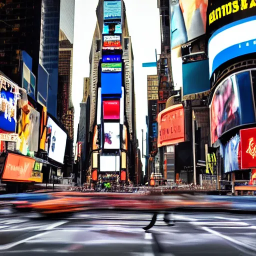 Prompt: a still of a giraffe stand in the intersection at times square. motion blur