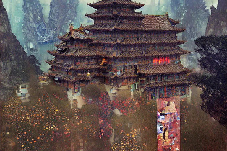 Image similar to cyberpunk chinese ancient castle, fantasy, painting by Gustav Klimt, greg rutkowski and alphonse mucha