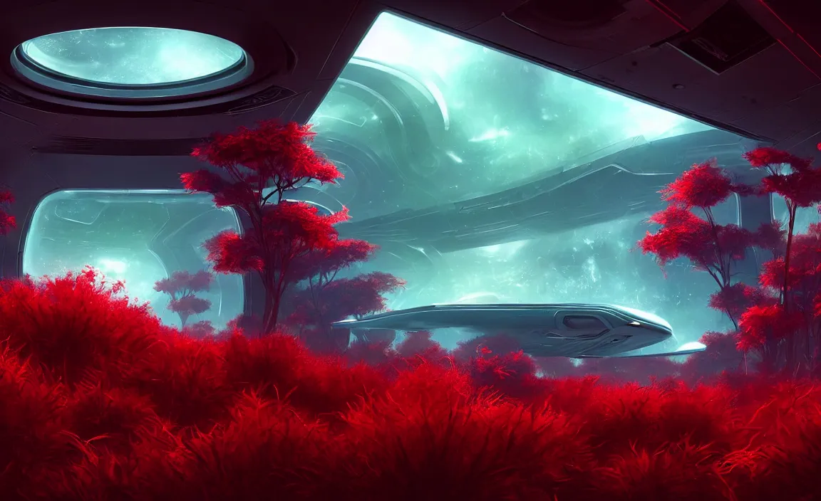 Prompt: epic professional digital art of red lush alien vegetation outside the windows of a large white cargo bay in a darkened spaceship, with upright glass sleeping pods lining wall, 4 k, cinematic, detailed, best artstation, cgsociety, epic, stunning, gorgeous, wow wow detail