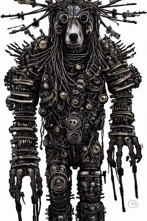 Image similar to wild monstorous anthropomorphic biomechanical bear shaman-warrior wearing and voodoo artifacts. Wearing dreadlocks made of cables and wires. Upgraded with hightech cyberwares. huge, big, giant bear human hybrid, mecha animal, tall, detailed woodcut armor, terrifying and dangerous, scary, beautiful, steampunk monster android hybrid art portrait, matte scifi fantasy painting, half robot half bear. DeviantArt Artstation, by Jason Felix by Steve Argyle by Tyler Jacobson by Peter Mohrbacher, cinematic lighting