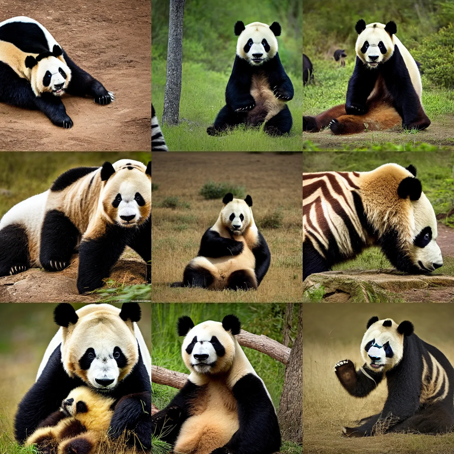 Prompt: alone wild animal having a head of a giant panda and a body of a zebra, national geographic photo award