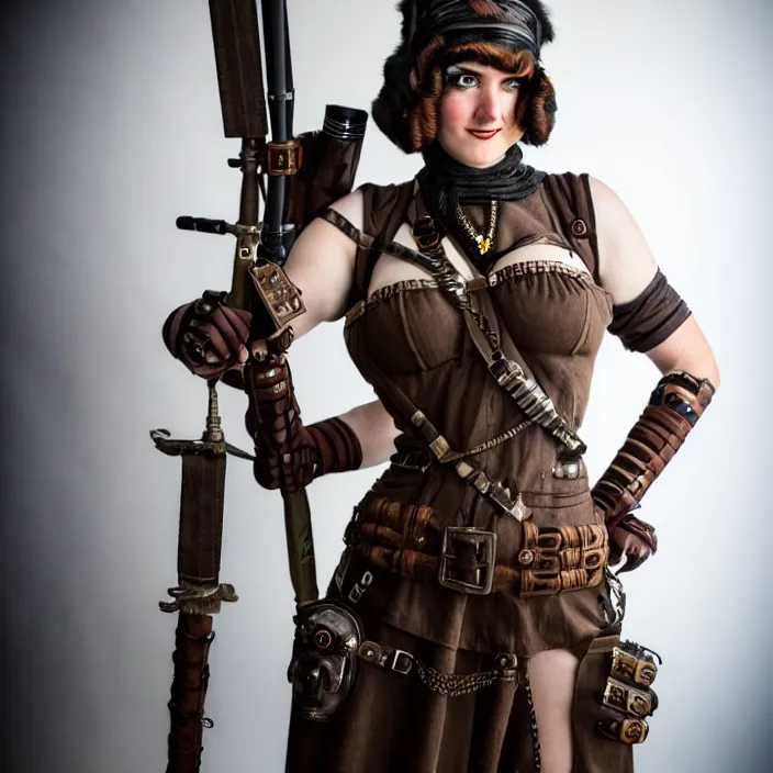 Image similar to full length photograph of a real - life very beautiful dieselpunk warrior. extremely detailed. dslr. 8 5 mm.