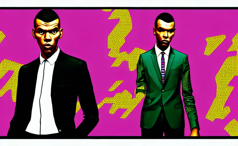 Image similar to Stromae in GTA V loading screen by Stephen Bliss, outline, centered, covert art, GTA