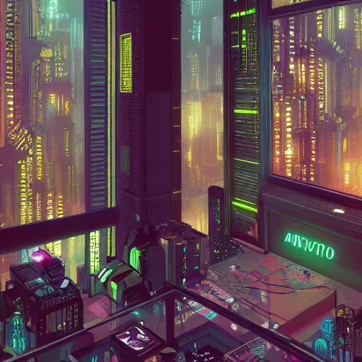 Image similar to the cyberpunk apartment, render, octane, 4k, highly detailed, vivid colors, high definition, by Victo Ngai