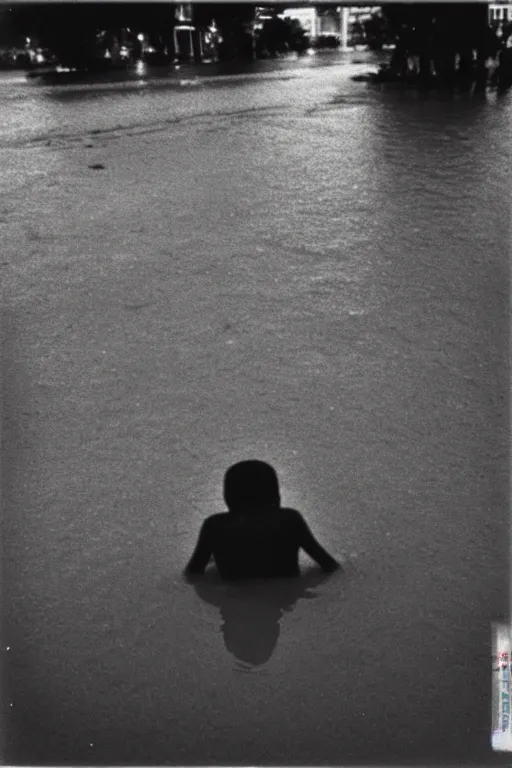 Image similar to photo polaroid of sad and lonely child in the middle of a completely flooded street in bangkok, loneliness, black and white ,photorealistic, 35mm film,