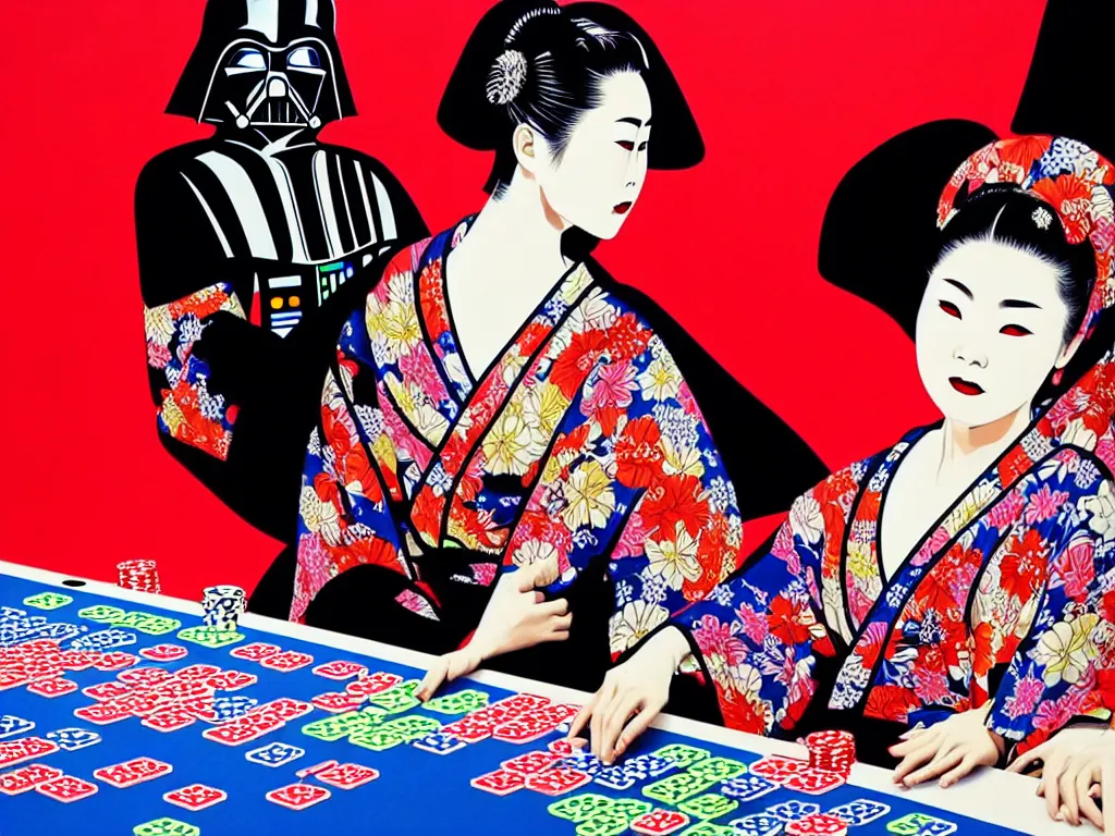 Image similar to hyperrealistic composition of the detailed woman in a japanese kimono sitting at a extremely detailed poker table with detailed darth vader, fireworks, mount fuji on the background, pop - art style, jacky tsai style, andy warhol style, acrylic on canvas