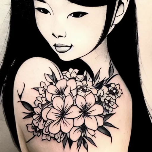 Prompt: tattoo design, stencil, tattoo stencil, traditional, beautiful portrait of a Japanese girl with flowers in her hair, upper body, by artgerm, artgerm, digital art, cat girl, anime eyes, anime, sexy-s 100