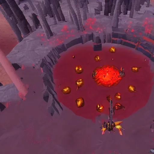 Image similar to TzKal-Zuk at the Inferno, old school runescape, lava river, magma, large shield of magma, obsidian pillars