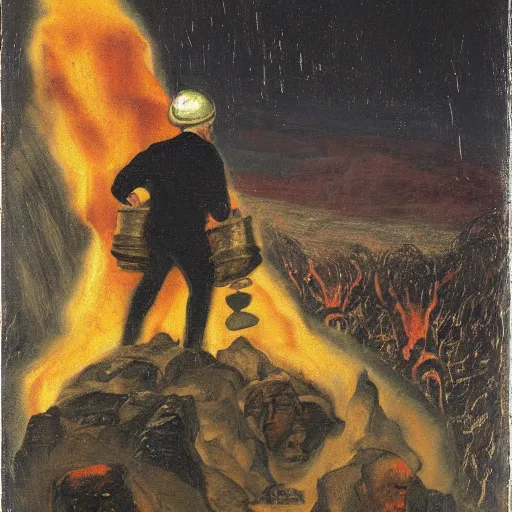 Prompt: Benjamin Netanyahu carrying large chunks of gold on his shoulders up a black mountain in hell, dark sky, by Franz Stuck