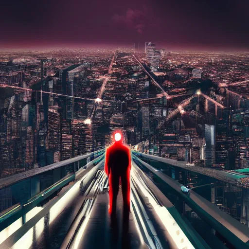 Image similar to a man standing on top of a bridge over a city, cyberpunk art by Vincent Lefevre, behance contest winner, altermodern, cityscape, synthwave, matte painting