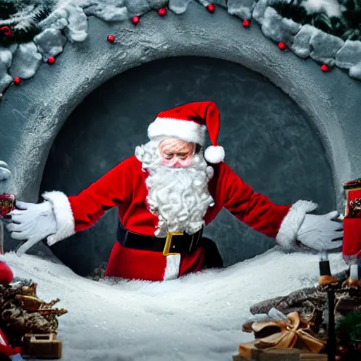 Prompt: UHD candid photo of Santa in front of a hole in the ground filled with dead elves, with accurate face, UHD, photorealistic, correct face, photo by Annie Leibovitz