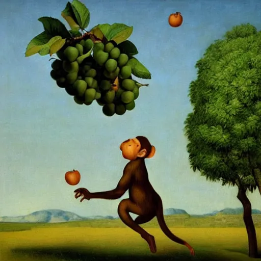 Prompt: an apple tree throwing apples at a monkey by Raphael, Hopper, and Rene Magritte. detailed, romantic, enchanting, trending on artstation.