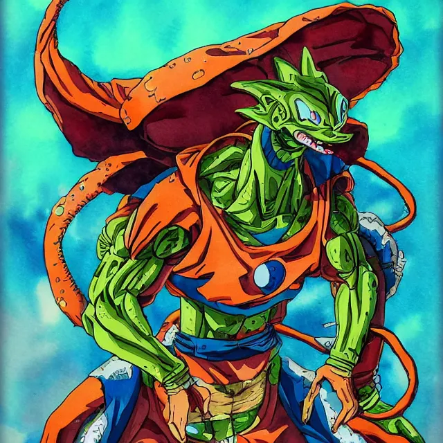 Image similar to a watercolor painting of a dragon ball machine mutant in the style of jean giraud in the style of moebius trending on artstation deviantart pinterest detailed realistic hd 8 k high resolution