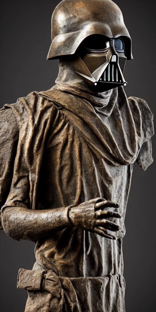 Prompt: detailed photo of an old bronze patina statue of dark vador, full body portrait, various pose, photorealism, intricate detail, museum diffuse lighting