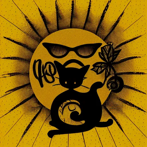 Image similar to tattoo sketch of a cat hugging the sun, on a yellow paper, african ornament, minimalism, vector