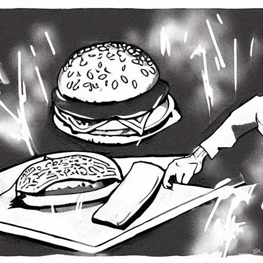 Prompt: a hamburger in an anime battle, drawing, cinematic,