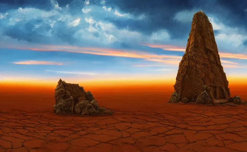 Image similar to an ancient symmetrical stone temple rising up out of the dunes of an alien planet in front of a beautiful sky with dramatic rolling clouds at golden hour, 70s scifi painting
