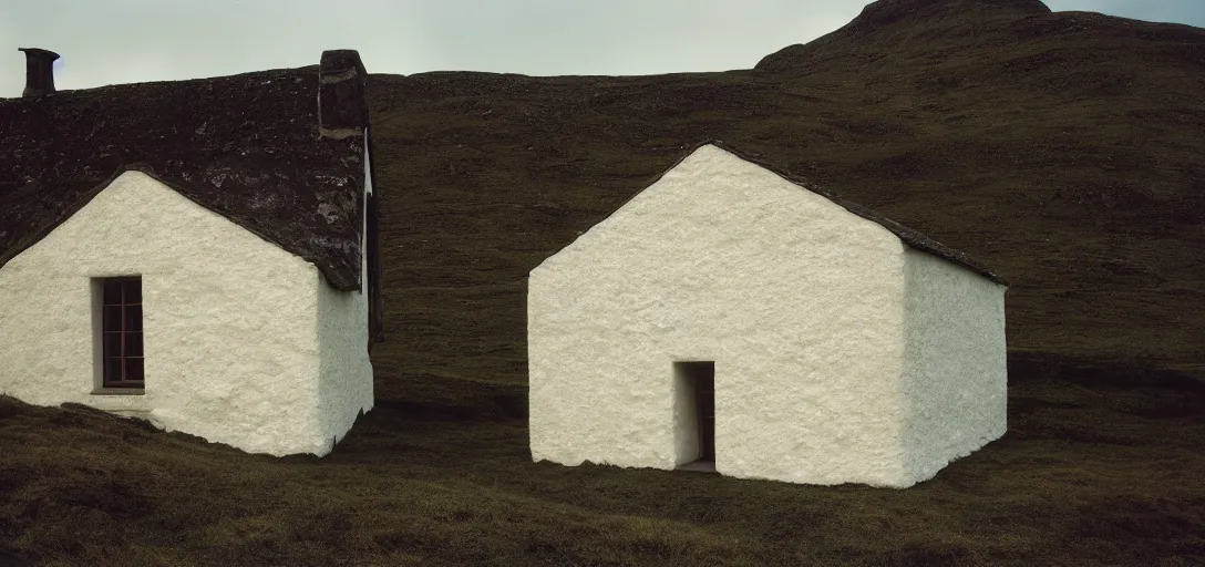 Prompt: scottish blackhouse made of ivory - white pentelic marble. designed by renzo piano. fujinon premista 1 9 - 4 5 mm t 2. 9. portra 8 0 0.