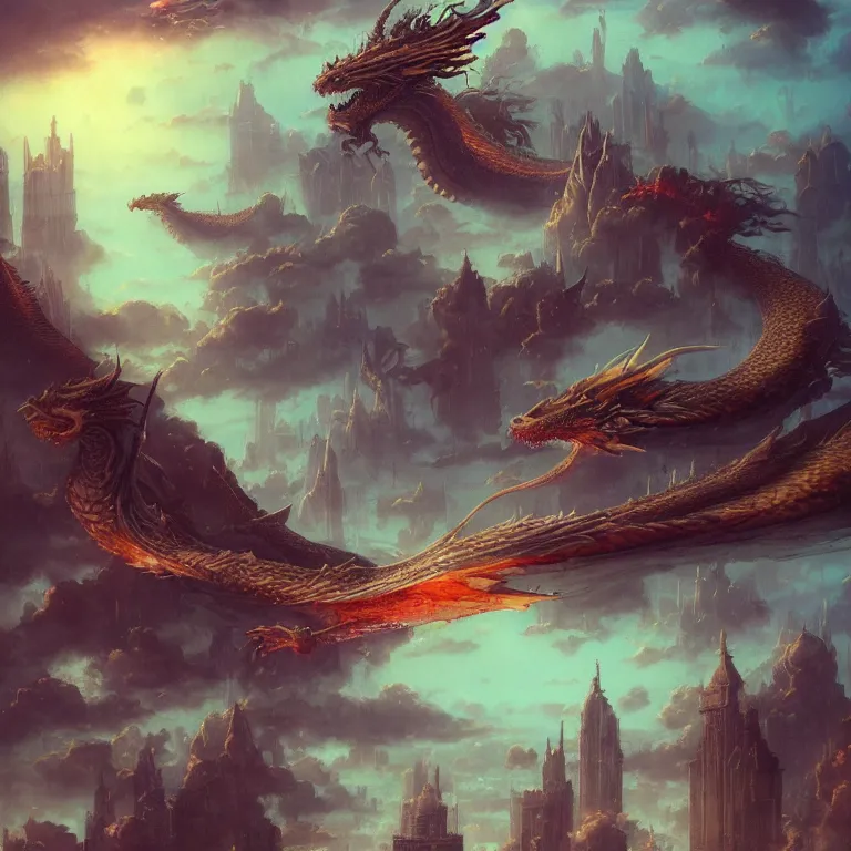 Prompt: dragon, huge city, floating city on clouds, by wayne barlowe, peter mohrbacher, kelly mckernan, epic scene, 4 k, fantasy, colorful, environment, detailed