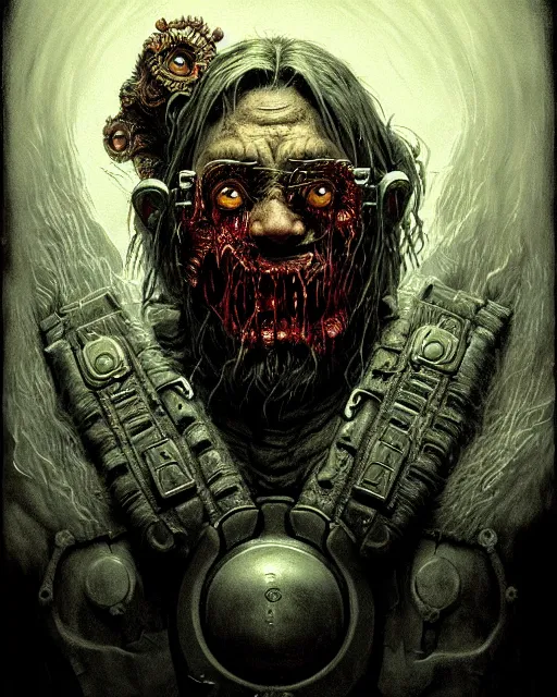 Image similar to torbjorn from overwatch, character portrait, portrait, close up, concept art, intricate details, highly detailed, horror poster, horror, vintage horror art, realistic, terrifying, in the style of michael whelan, beksinski, and gustave dore