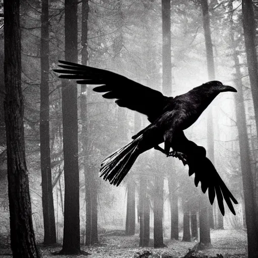 Image similar to mixture between an!! crow and! wolf, photograph captured in a dark forest, realistic