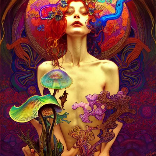 Image similar to An extremely colorful psychedelic experience, reality bending, magic mushrooms, psilocybin, LSD, face, detailed, intricate, elegant, highly detailed, digital painting, artstation, concept art, smooth, sharp focus, illustration, art by Krenz Cushart and Artem Demura and alphonse mucha