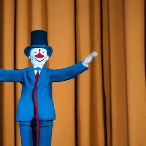 Image similar to string marionette of a president with clown makeup in a podium and a human shadow behind