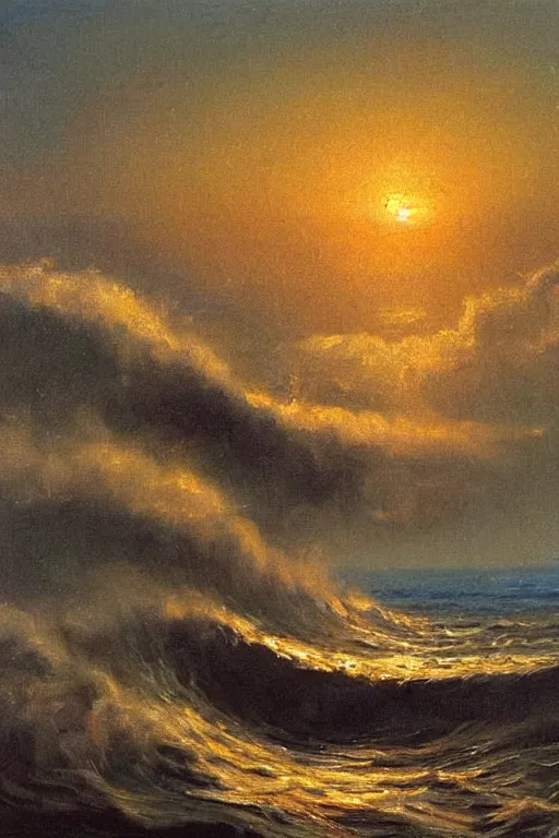 Image similar to very detailed seascape with big waves and sunset painted with oil paints in the style of Kuindzhi