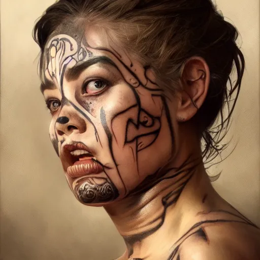 Prompt: portrait painting of a muscular bloodied tribal girl butcher, tattooed, symmetric, fat, ultra realistic, concept art, intricate details, eerie, highly detailed, photorealistic, octane render, 8 k, unreal engine. art by artgerm and greg rutkowski and alphonse mucha