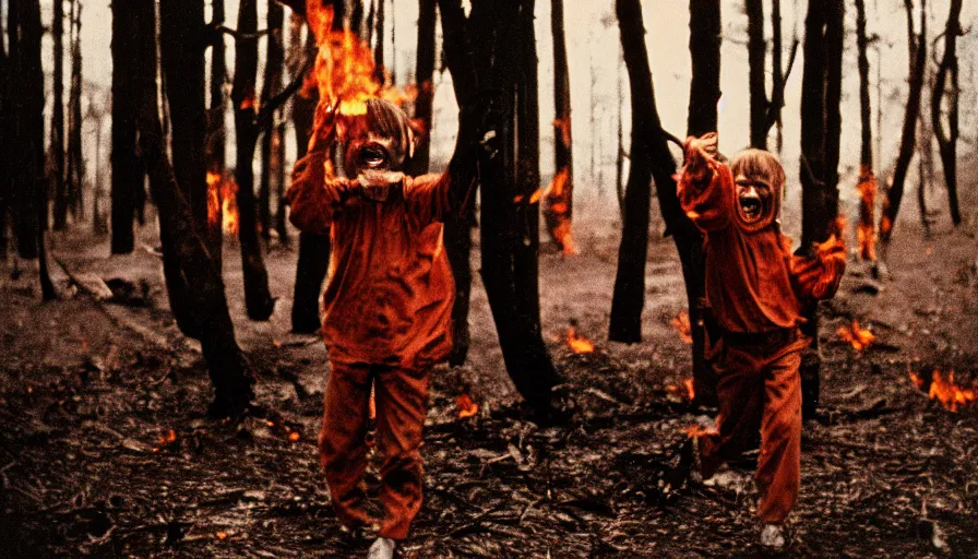 Prompt: 7 0 s film still from a horror movie about a burning tree and a laughing kid, kodachrome, cinecolor, cinestill, film grain, film texture, retro, cinematic, high resolution, photorealism,