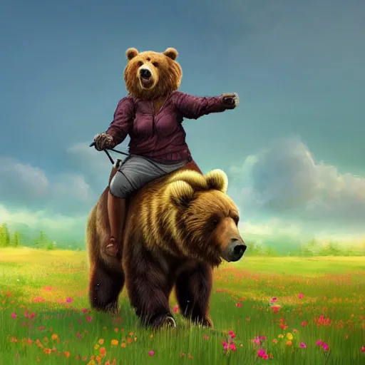 Image similar to girl riding a giant grizzly bear in a field of flowers, trending on artstation