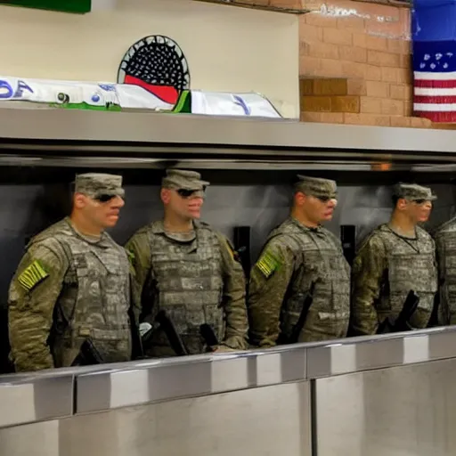 Prompt: FBI soldiers hiding behind a subway counter