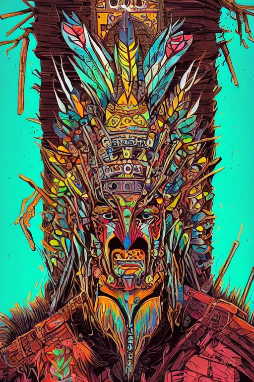 Image similar to totem animal tribal chaman vodoo mask feather gemstone plant wood rock video game illustration vivid color borderlands by josan gonzales and dan mumford radiating a glowing aura