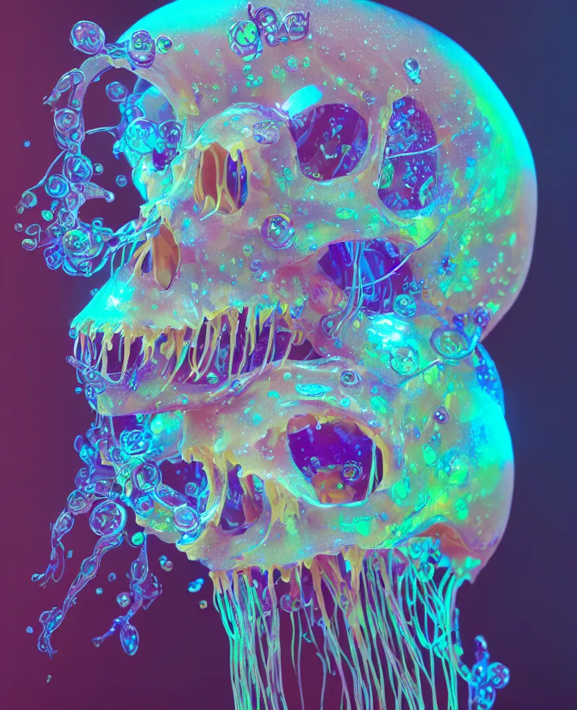 Image similar to close-up portrait of skull dichroic orchid jellyfish skull, betta fish, bioluminiscent creatures, intricate artwork by Tooth Wu and wlop and beeple. octane render, trending on artstation, greg rutkowski very coherent symmetrical artwork. cinematic, hyper realism, high detail, octane render, 8k